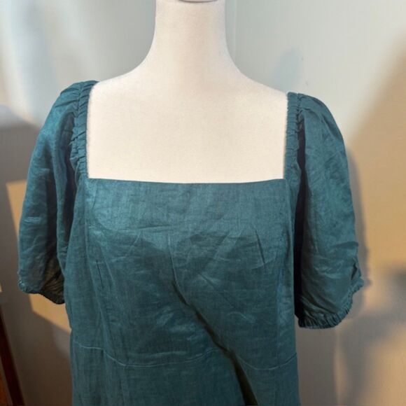 NWT Garnet Hill Linen Puff-Sleeve Midi Dress XL Teal Square Neck Cottagecore - Picture 3 of 11